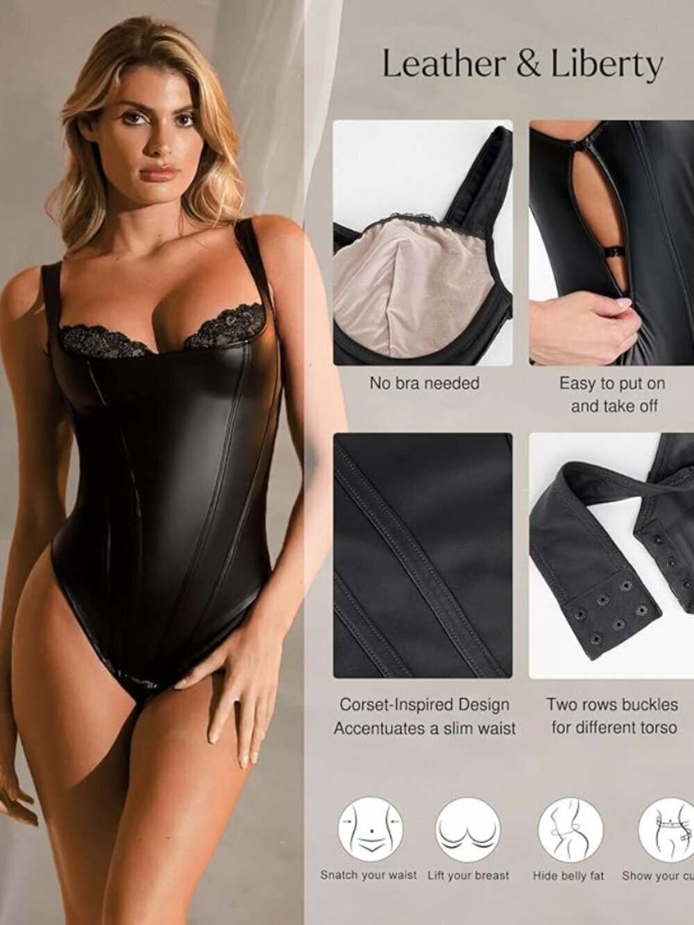 Popilush Faux Leather Shapewear Bodysuit Lace Body Suits